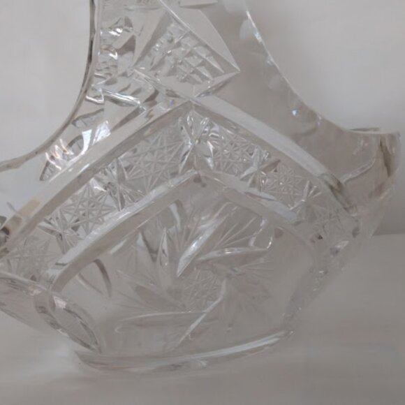 Vintage Clear Lead Crystal Glass Starburst Pinwheel Cut Basket With Handle 6" - Picture 9 of 12